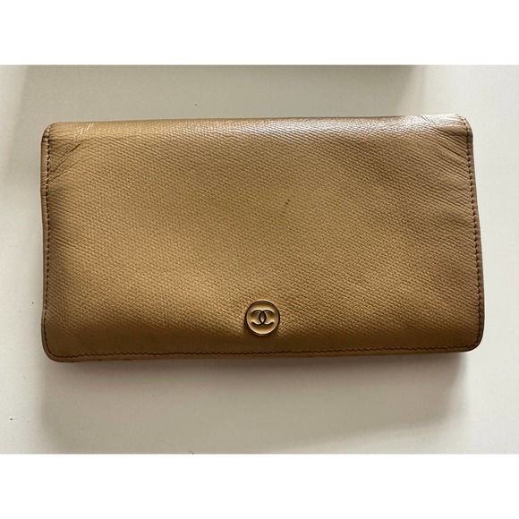 Chanel Wallet Purse Bifold Coco Button Beige - Picture 1 of 16